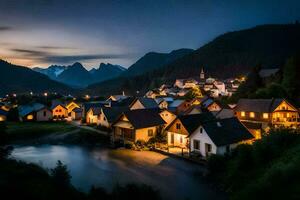 Foto Hintergrund das Himmel, Berge, Wasser, das Nacht, das Dorf, das Berge, Die. KI-generiert