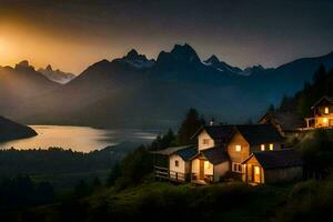 Foto Hintergrund das Himmel, Berge, See, Haus, das Sonne, das Berge, das See. KI-generiert