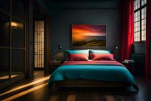 ein Schlafzimmer mit ein groß Bett und ein Gemälde auf das Mauer. KI-generiert foto