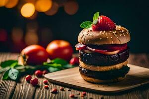 ein Hamburger mit Beeren und Tomaten auf ein hölzern Tafel. KI-generiert foto