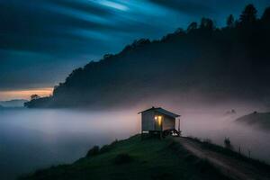 ein klein Haus sitzt auf das Kante von ein Cliff mit Blick auf das Wasser. KI-generiert foto