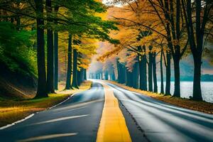 Herbst Straße im das Wald. KI-generiert foto