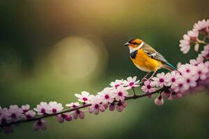 Foto Hintergrund das Himmel, Vogel, Blumen, das Sonne, Frühling, das Blumen, das Vogel. KI-generiert