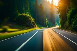 ein Straße im das Berge mit Bäume und Sonne. KI-generiert foto