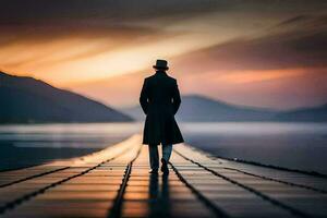 ein Mann im ein Hut und Mantel Spaziergänge entlang ein Seebrücke beim Sonnenuntergang. KI-generiert foto