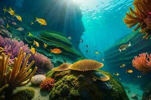 Foto Hintergrund Meer, Koralle, Fisch, Sonne, das Ozean, Koralle Riff, Fisch, Sonne. KI-generiert