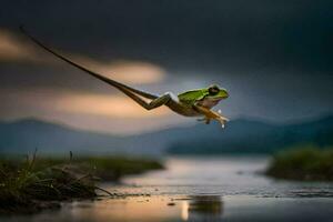 ein Frosch Springen aus von das Wasser beim Sonnenuntergang. KI-generiert foto