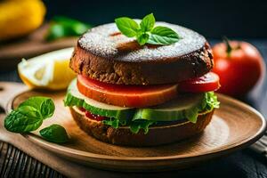 ein Sandwich mit Tomaten, Grüner Salat und Käse auf ein hölzern Platte. KI-generiert foto