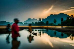 Menschen Gehen über ein Fluss beim Sonnenuntergang mit Berge im das Hintergrund. KI-generiert foto