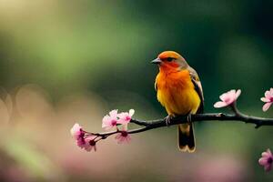 ein Vogel sitzt auf ein Ast mit Rosa Blumen. KI-generiert foto