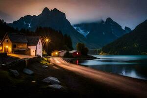 ein Haus sitzt auf das Ufer von ein See beim Nacht. KI-generiert foto