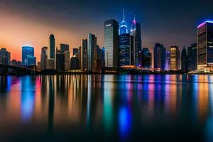 das Stadt Horizont beim Nacht mit Reflexionen im das Wasser. KI-generiert foto