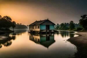 ein klein Haus sitzt auf das Ufer von ein Fluss. KI-generiert foto