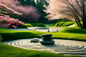 ein Zen Garten mit Steine und Blumen. KI-generiert foto