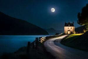 Foto Hintergrund das Mond, Straße, See, Haus, Nacht, See, Straße, See,. KI-generiert