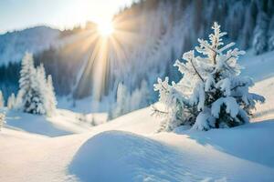 Schnee bedeckt Bäume im das Sonne. KI-generiert foto