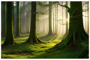 ein Wald mit Bäume und Sonne leuchtenden durch. KI-generiert foto