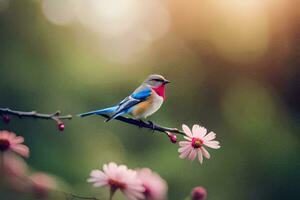 ein Vogel Sitzung auf ein Ast mit Rosa Blumen. KI-generiert foto