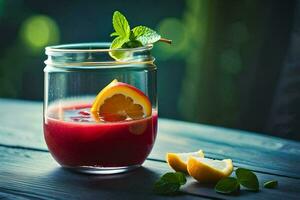 ein Glas von rot Saft mit ein Orange Scheibe und Minze Blätter. KI-generiert foto