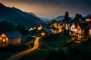 ein Dorf beim Dämmerung im das Berge. KI-generiert foto