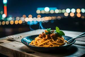 Spaghetti mit Fleisch und Soße im ein schwarz Schüssel auf ein hölzern Tabelle im Vorderseite von ein Stadt. KI-generiert foto