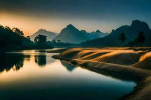 das Sonne steigt an Über ein Fluss und Berge im Thailand. KI-generiert foto