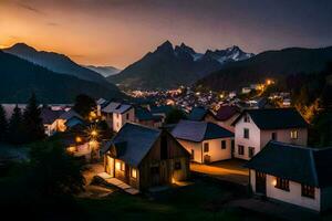 ein Dorf beim Dämmerung im das Berge. KI-generiert foto