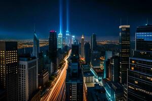 das Stadt Horizont ist zündete oben beim Nacht mit Beleuchtung. KI-generiert foto