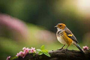 ein Vogel Sitzung auf ein Ast mit Rosa Blumen. KI-generiert foto