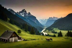 das Sonne setzt Über das Berge und das Pferde grasen im das Gras. KI-generiert foto