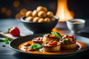 ein Teller von Essen mit Jakobsmuscheln und Tomaten. KI-generiert foto