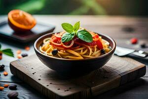 Spaghetti mit Tomaten und Basilikum Blätter im ein Schüssel. KI-generiert foto