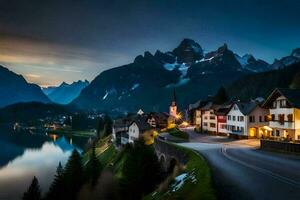 Foto Hintergrund das Himmel, Berge, See, Straße, Häuser, Berge, See, Straße,. KI-generiert