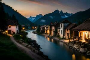 Foto Hintergrund das Himmel, Berge, Fluss, Häuser, Berge, Fluss, Häuser, Berge,. KI-generiert