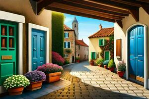 ein Illustration von ein Straße mit Blau Türen und Blumen. KI-generiert foto