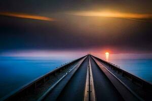 ein lange Brücke mit das Sonne Rahmen Über Es. KI-generiert foto