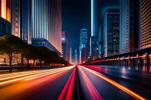 ein Stadt Straße beim Nacht mit Licht Wanderwege. KI-generiert foto