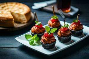 Cupcakes mit Erdbeeren und Minze auf ein Platte. KI-generiert foto