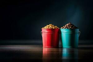 zwei bunt Eimer von Popcorn auf ein dunkel Tisch. KI-generiert foto