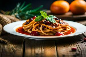 Spaghetti mit Cranberry Soße und frisch Kräuter. KI-generiert foto