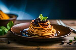 Spaghetti mit Fleisch und Soße auf ein Platte. KI-generiert foto