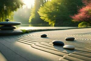 ein Zen Garten mit Steine und ein Teich. KI-generiert foto