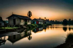 ein Fluss mit Häuser und Palme Bäume beim Sonnenuntergang. KI-generiert foto