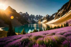 das Sonne scheint Über Lavendel Felder und Berge im das Hintergrund. KI-generiert foto