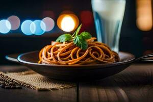 Spaghetti mit Tomate Soße und Basilikum Blätter im ein Schüssel. KI-generiert foto