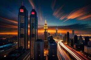 das Stadt Horizont beim Nacht mit lange Belichtung. KI-generiert foto