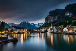 das Stadt, Dorf von Lauterbrunnen, Schweiz beim Dämmerung. KI-generiert foto