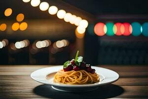 ein Teller von Spaghetti mit Kirsche auf oben auf ein Tisch. KI-generiert foto