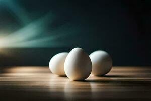 drei Eier auf ein Tabelle mit ein hell Licht hinter ihnen. KI-generiert foto
