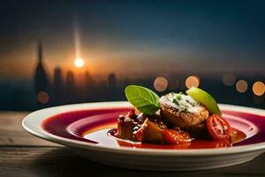 ein Teller von Essen mit ein Aussicht von das Stadt. KI-generiert foto